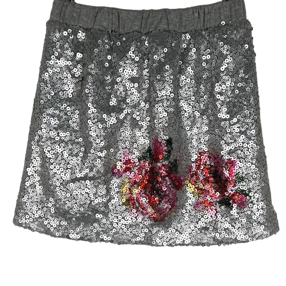 A. Bird Girl's Sequins Floral Mini Skirt 8 Silver Elastic Waist Glam